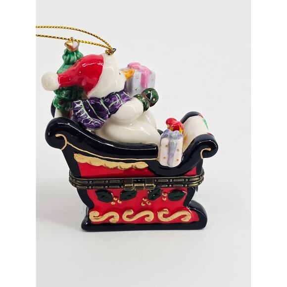 Vintage Ceramic Snowman Santa's Sleigh Frosty Hinged Trinket Box 3x2.5" - Picture 4 of 10